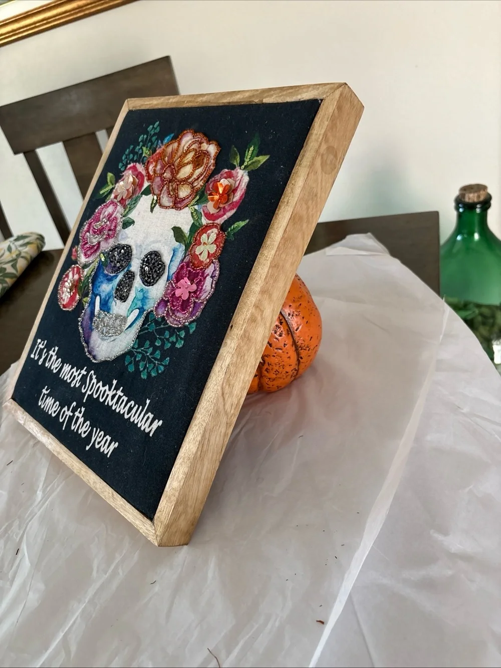 Beautiful Beaded Art Framed Skull, Floral, Day Of Dead/ Halloween Framed